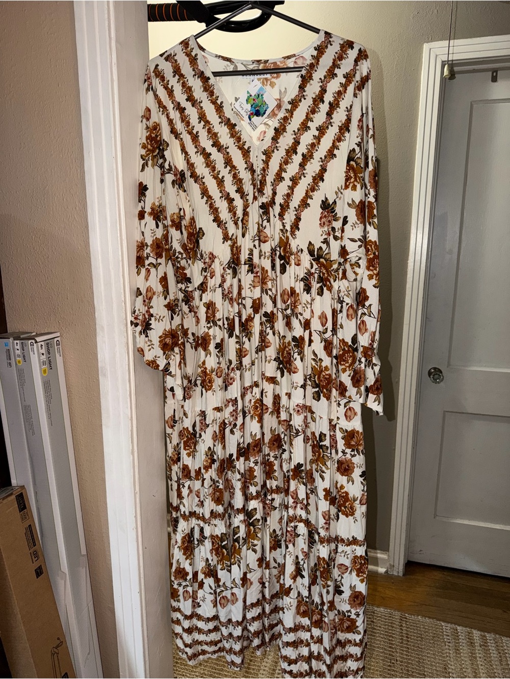 Boho Tiered Maxi Dress in Cream and Brown Floral